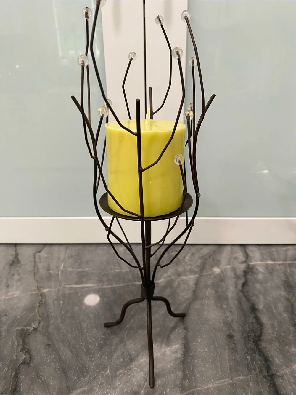 Yellow Pillar Candle in Decorative Metal Branch Holder